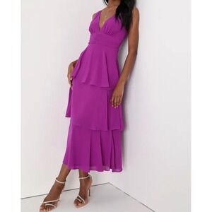 Lulus Celebration Time Purple V Neck Tiered Ruffle Midi Dress Women XXL NWT
